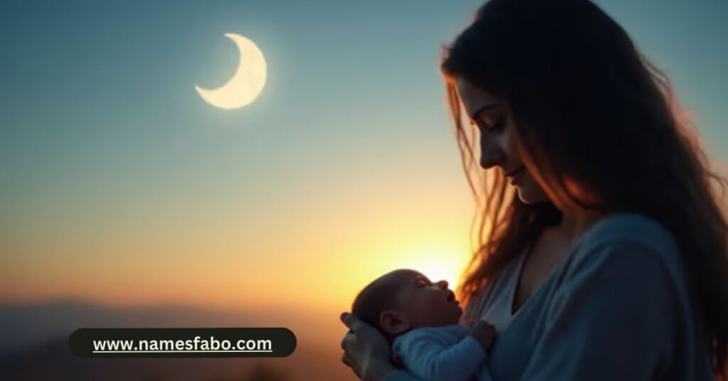 Newborn cradled under a rising moon, symbolizing baby names inspired by the moon