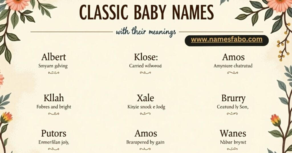 Infographic of best old man names for boys with meanings like Albert and Amos