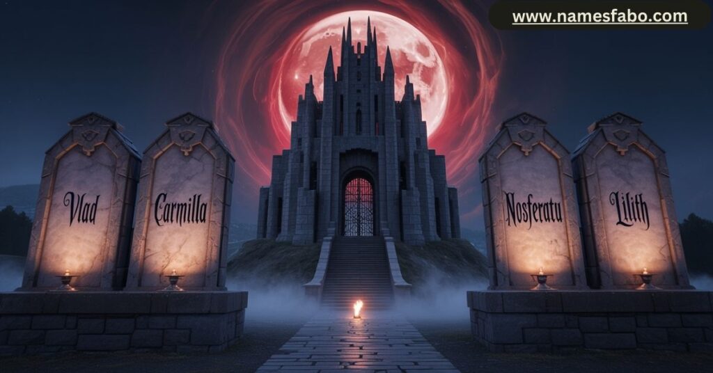 Compilation of the best vampire names with a medieval castle backdrop and fantasy elements