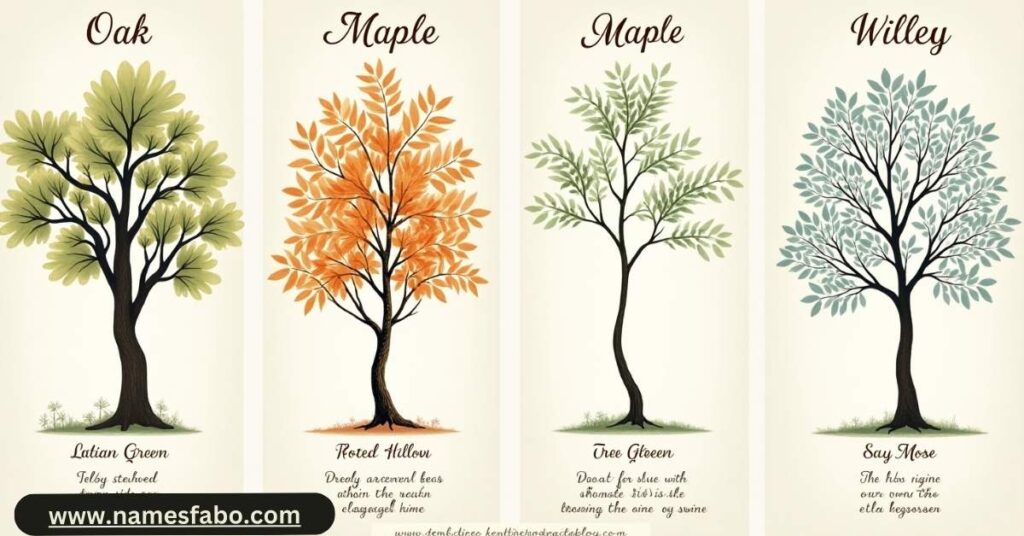 Botanical chart showing common and Latin tree names with illustrated trees like Oak and Maple.