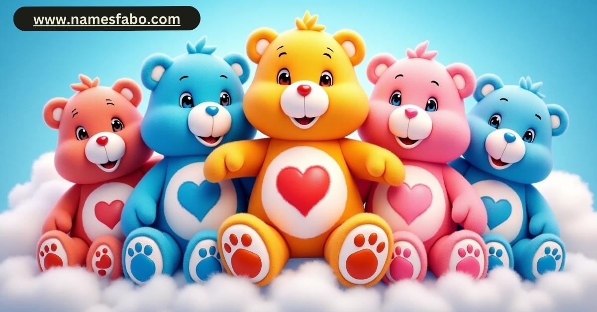 Group of colorful Care Bears featuring iconic characters like Tenderheart Bear, Cheer Bear, and Funshine Bear, showcasing care bear names and personalities in 2025