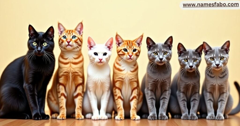 Four cats of different colors—black, white, orange, and gray—lined up to inspire cat names by color