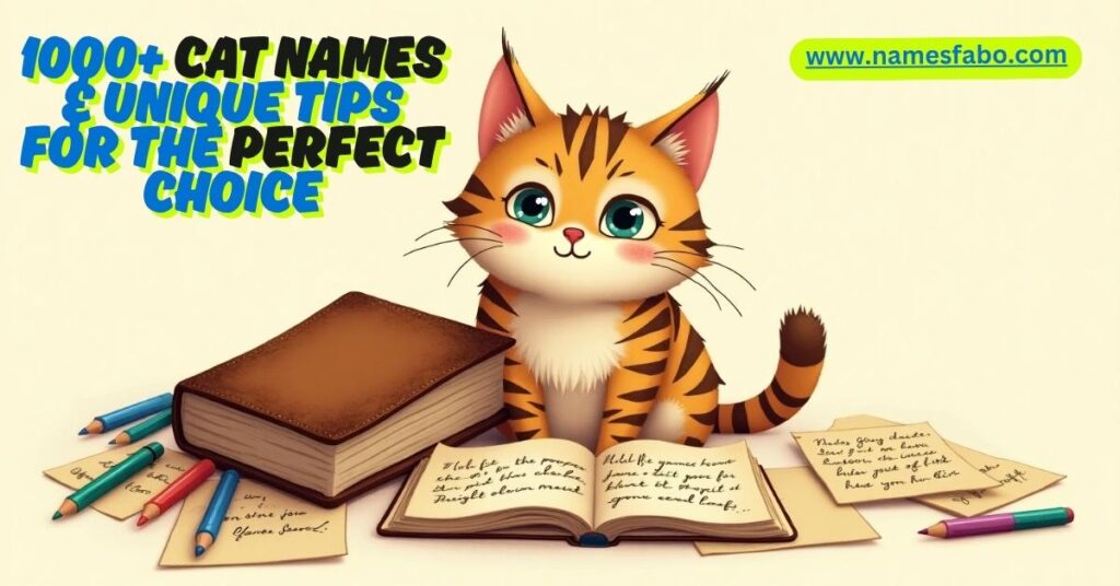A playful tabby cat looking curious with a notebook listing over 1000 cat names and unique naming tips