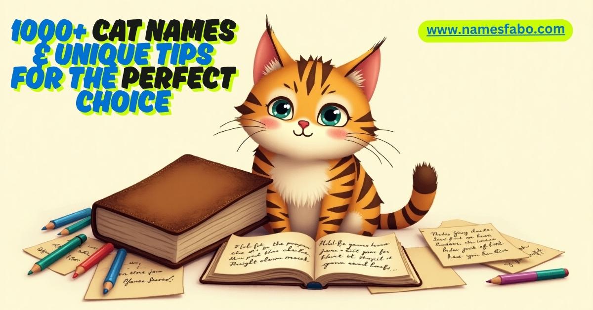 A playful tabby cat looking curious with a notebook listing over 1000 cat names and unique naming tips