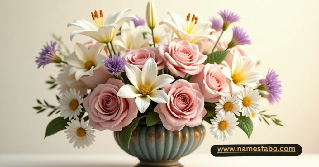 Vintage bouquet featuring classic flower names for girls like Rose, Lily, and Violet