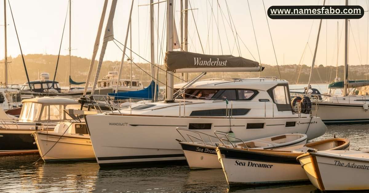A colorful dockside scene showcasing boats with classic and clever boat names