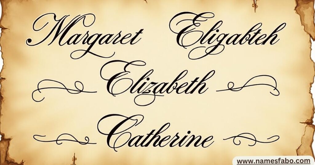 Handwritten classic old lady names like Margaret and Elizabeth on vintage paper.