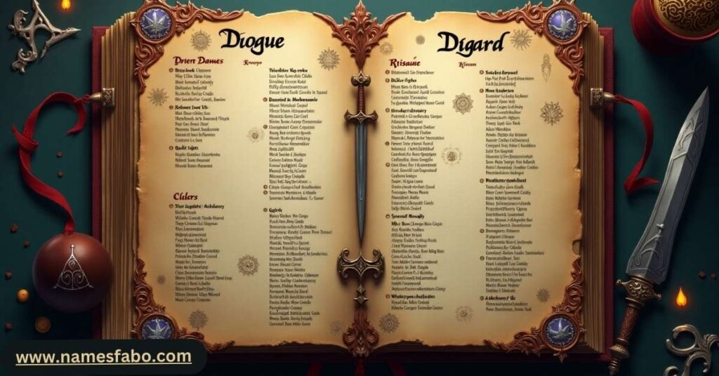 Ancient scroll listing drow names by class and lore including rogues, wizards, and priestesses