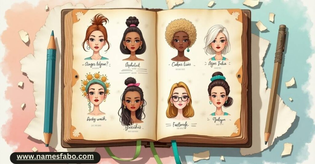 Creative notebook with fictional cool girl name ideas for stories and social profiles