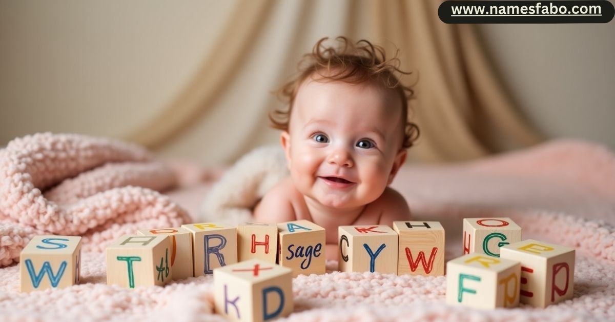Modern baby girl with name blocks showcasing trending cool girl names for 2025
