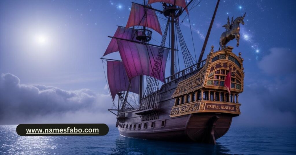 Fantasy ship with a magical name sailing through enchanted waters.
