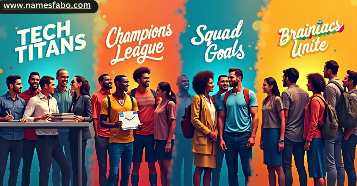 Creative team names across different occasions shown on shirts and banners