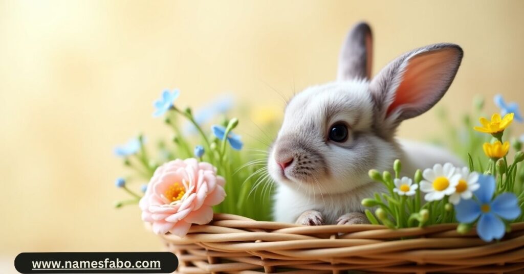 Fluffy baby bunny in a floral basket, ideal for cute bunny name ideas.