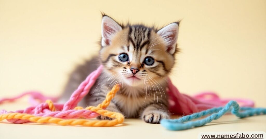 A fluffy white kitten playing with a yarn ball, representing cute cat names for sweet and charming felines