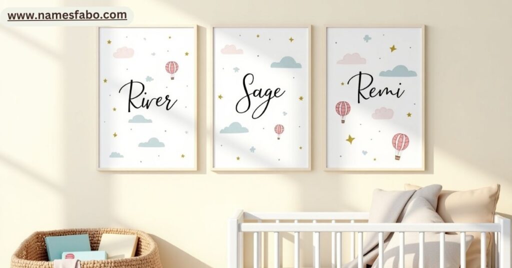 Cute nonbinary baby names like Rory and Scout displayed in a stylish nursery