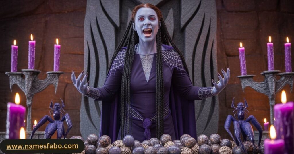 Drow priestess reciting drow names in front of Lolth's spider altar