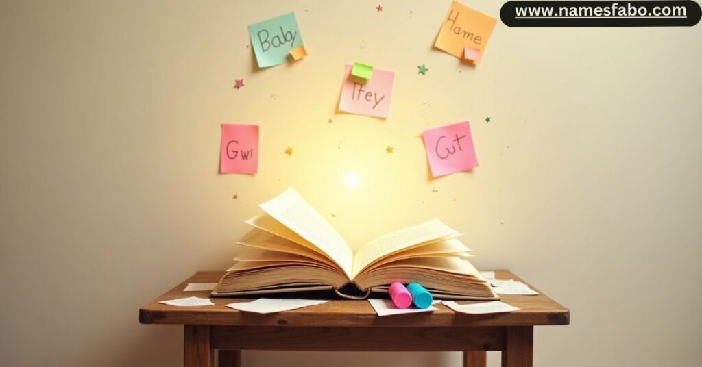 Open baby name book highlighting cool baby girl names to explore