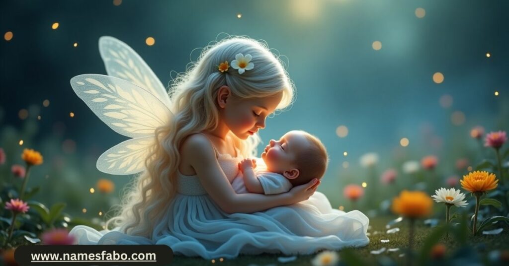 Whimsical fairy holding a baby in a moonlit garden, symbolizing magical fairy names for babies.