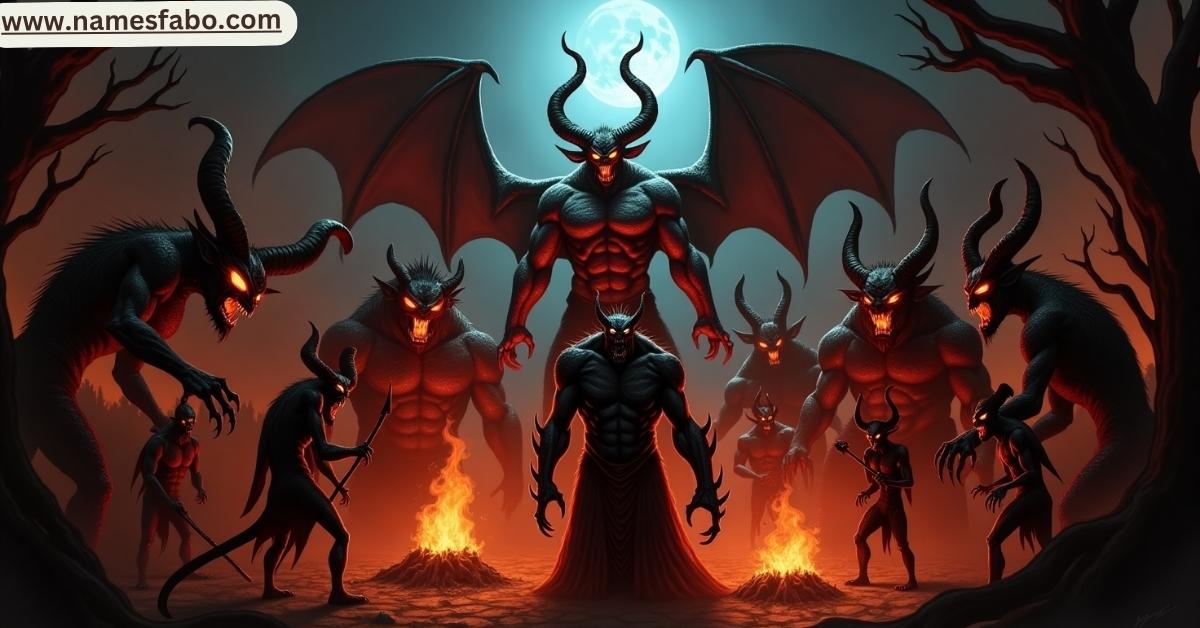 Illustrated collage of famous fallen angels and demon types including Lucifer and Asmodeus from ancient demon names