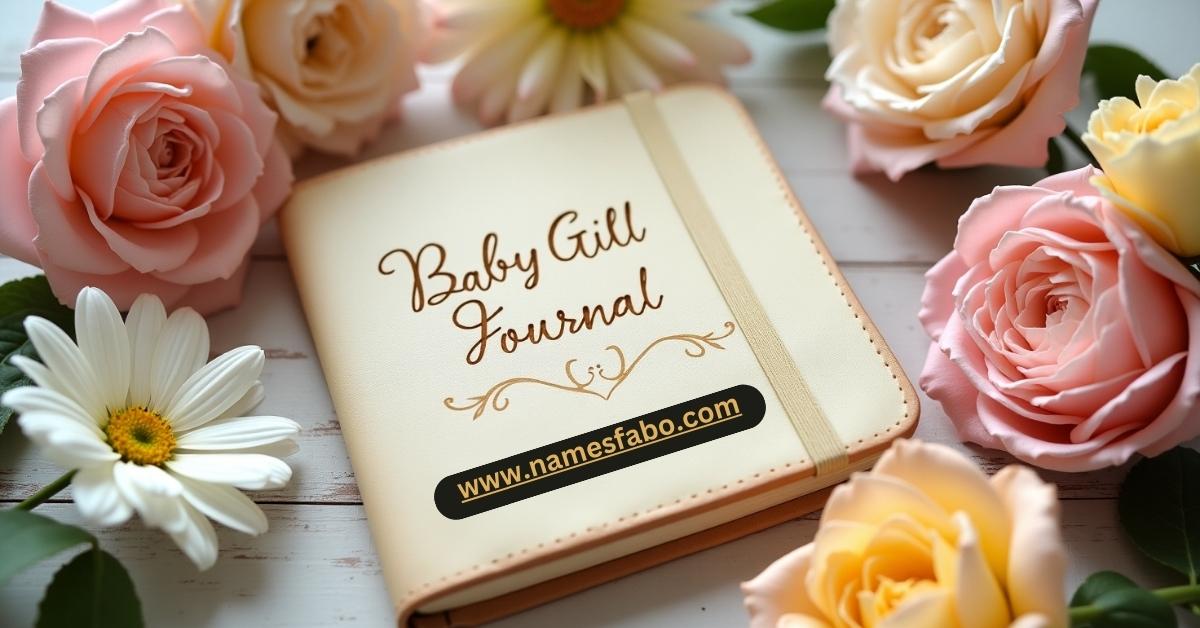 Journal with baby girl names surrounded by fresh flowers like roses and lilies – a visual guide to flower names for girls