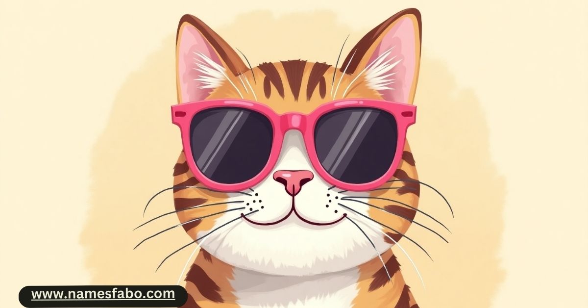 Quirky grey tabby cat wearing sunglasses with a comic-style name tag – perfect mascot for funny cat names in 2025