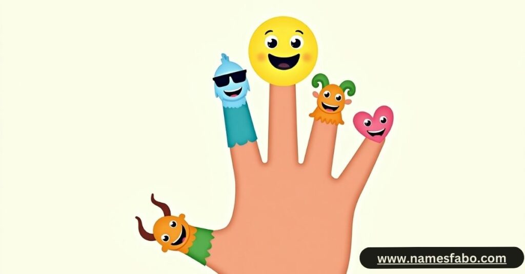 Cartoon hand with fingers labeled with funny, cute, and cool finger names