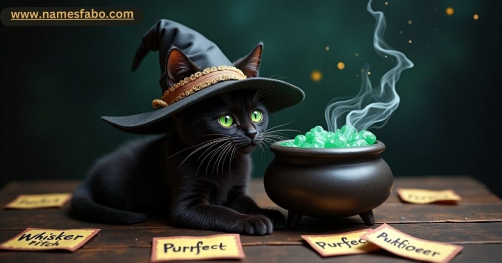 Cute black cat in witch hat with funny witch names for magical pets.
