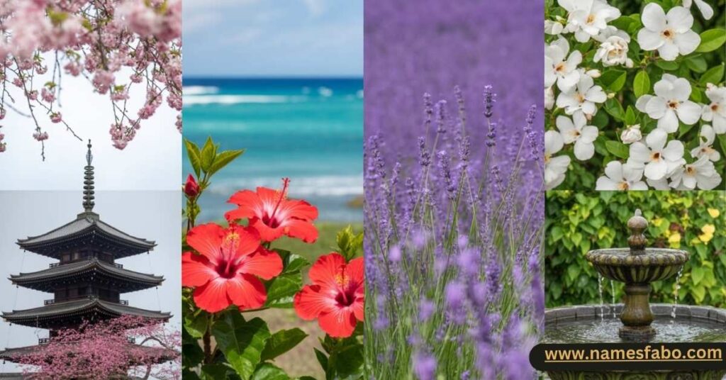 Cultural collage of global flower baby names for girls – featuring Sakura, Gardenia, Lavender, and Hibiscus