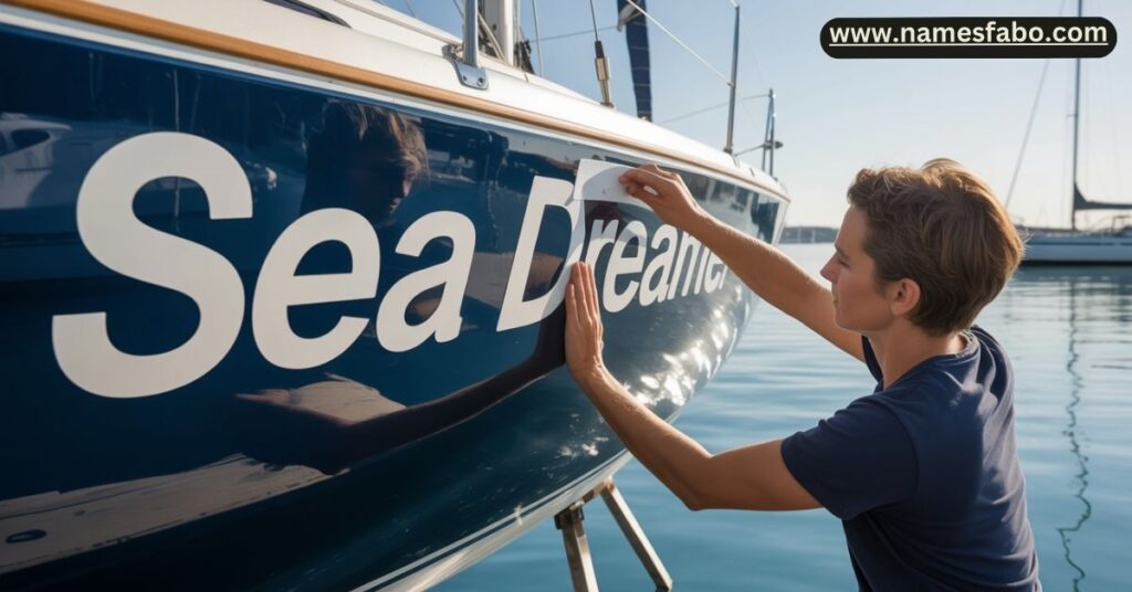 A boater applying a custom boat name decal to their vessel as part of the naming process