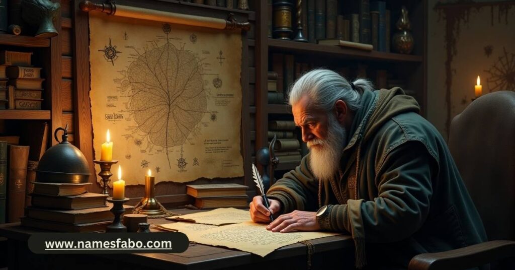 Fantasy writer designing custom orc names on parchment with ink and quill.