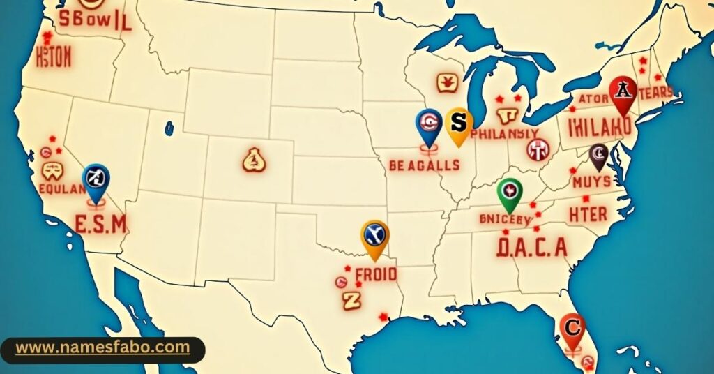 Location-based team names on a U.S. map showing city-specific branding