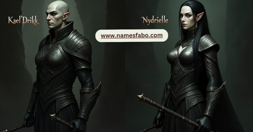 Male and female dark elves with fantasy armor and drow names reflecting different traits and classes