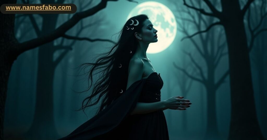 Witch under full moon in forest with names inspired by lunar phases.