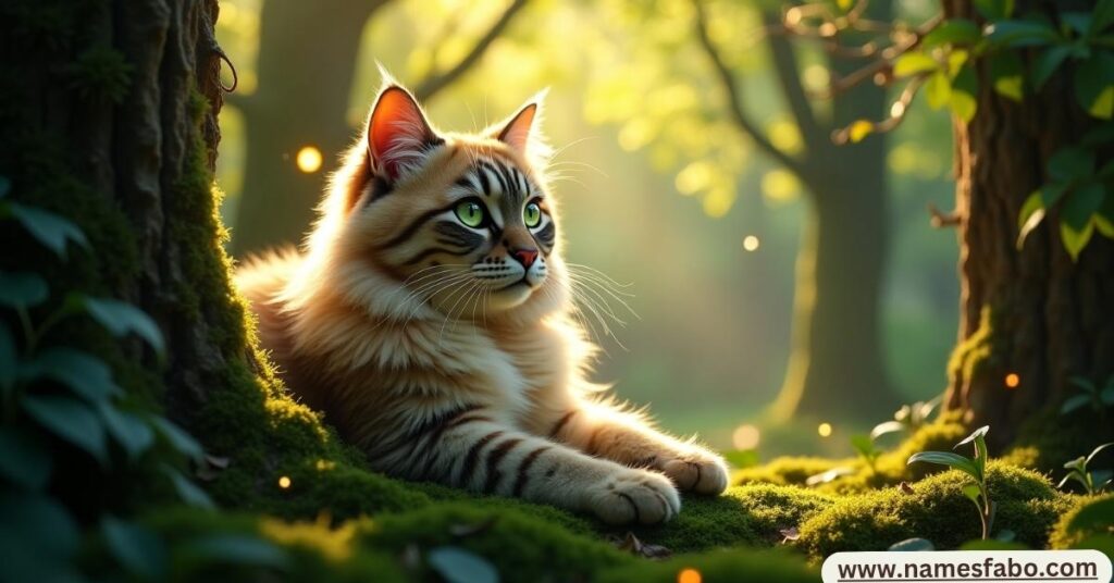 A cat sitting on a tree stump surrounded by nature, perfect for exploring the best nature-inspired cat names