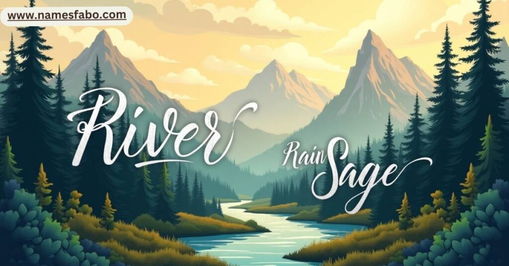 Nature-inspired gender neutral names like River and Sage over scenic forest background