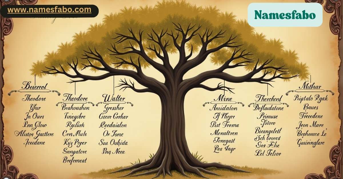 Vintage family tree with old man names for baby boys like Theodore, Walter, and Arthur