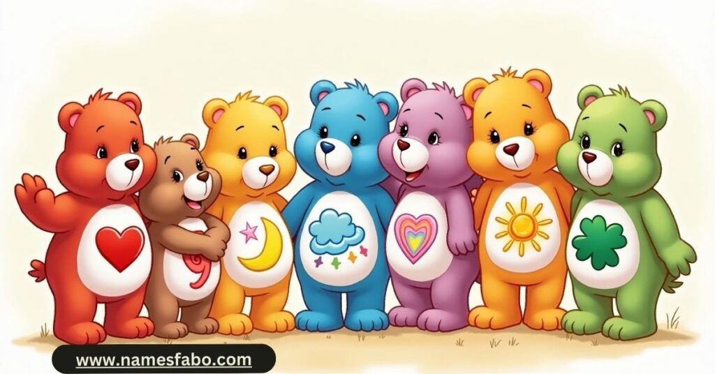 Classic Care Bears lineup from the 1980s including Tenderheart Bear, Cheer Bear, and Grumpy Bear with belly badges reflecting their name meanings