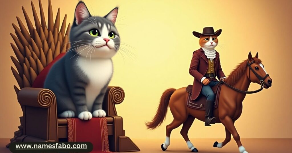 Orange cat mimicking a famous movie scene – a nod to pop culture-inspired funny cat names