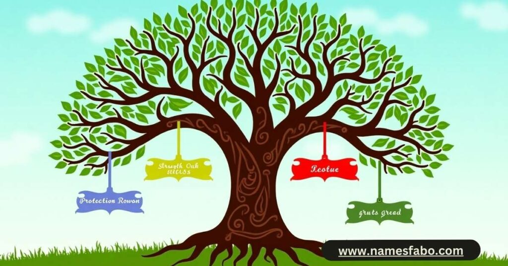 Illustrated tree chart highlighting tree names by meaning like Oak for strength and Hazel for wisdom.