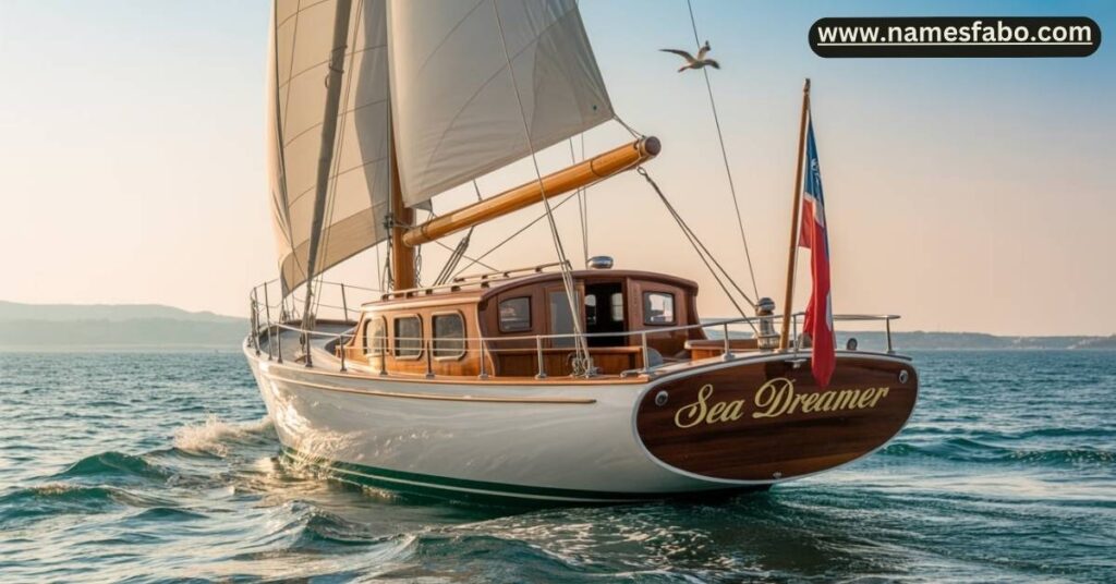 A traditional wooden yacht featuring a timeless classic boat name on the stern