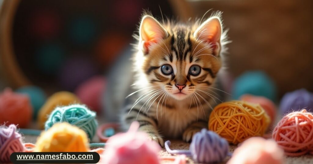 Playful kitten tangled in yarn next to a list of the top 50 wacky and funny cat names of 2025