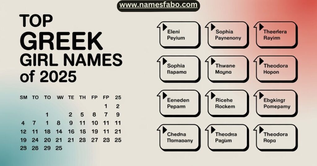 Trending Greek girl names for 2025 shown in a modern infographic with rising popularity tags