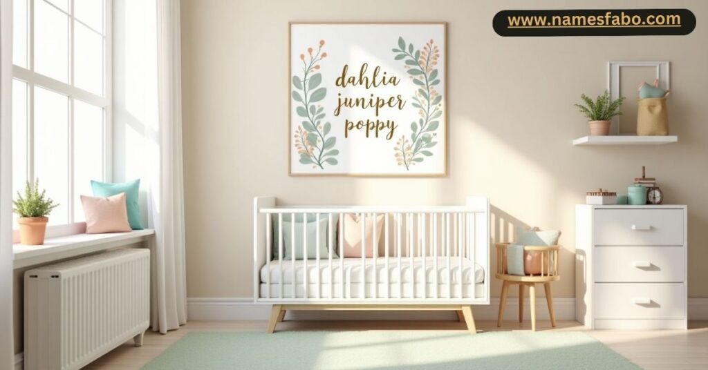 Trending 2025 flower names for girls like Dahlia, Juniper, and Poppy displayed in a stylish nursery