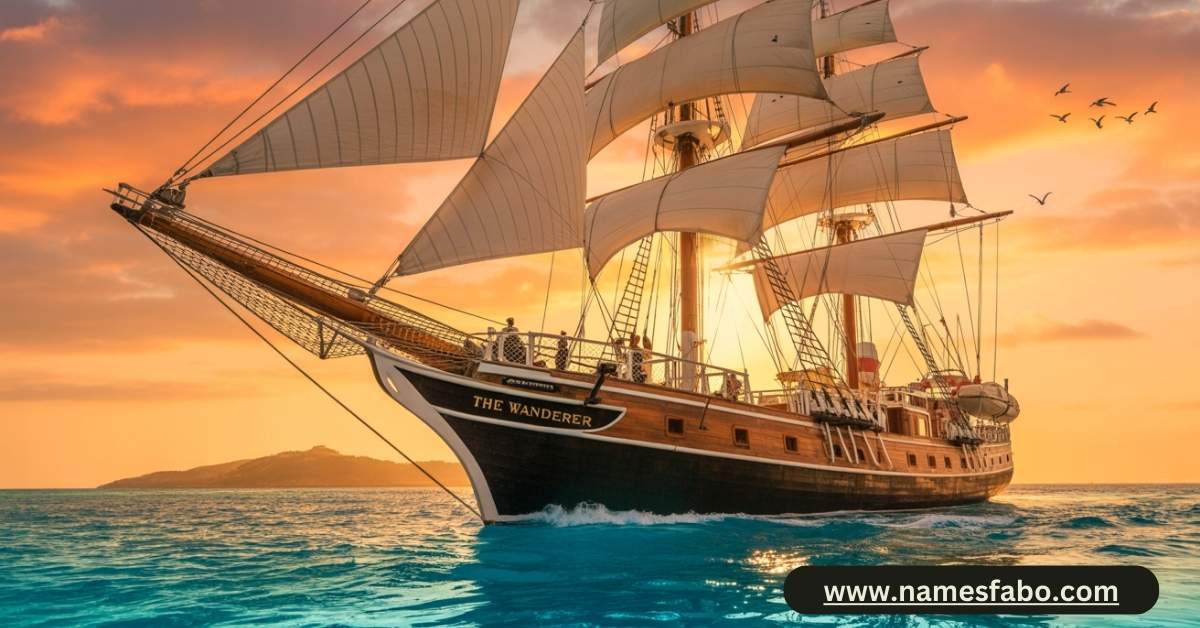 Fantasy sailing ship with a unique nameplate on the ocean.