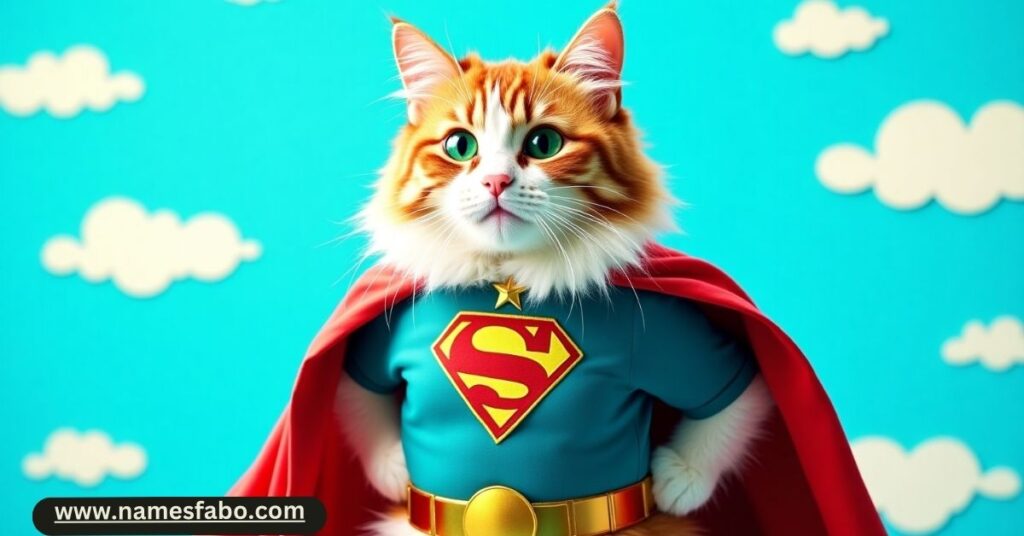 Cat wearing a superhero cape, showcasing the most unusual and creative funny cat names of 2025