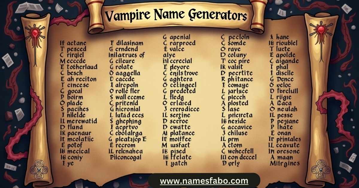 Dark fantasy-themed vampire name generator interface with gothic fonts and ancient parchment background showcasing 500+ unique vampire names