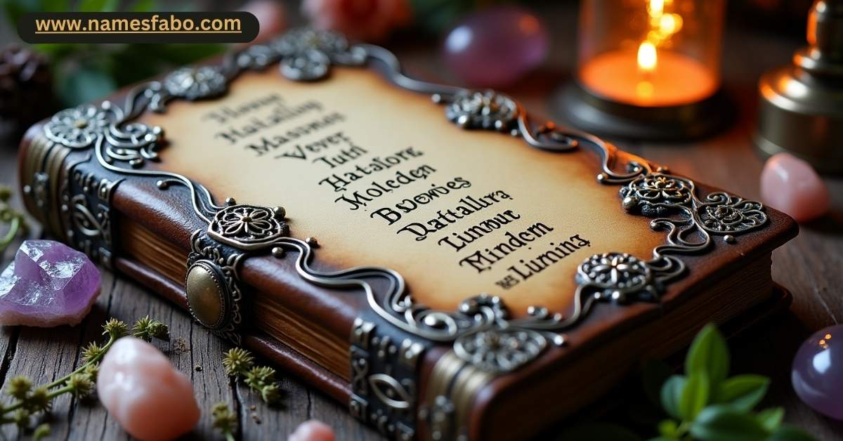 Mystical spellbook and magical tools used for generating witch names.