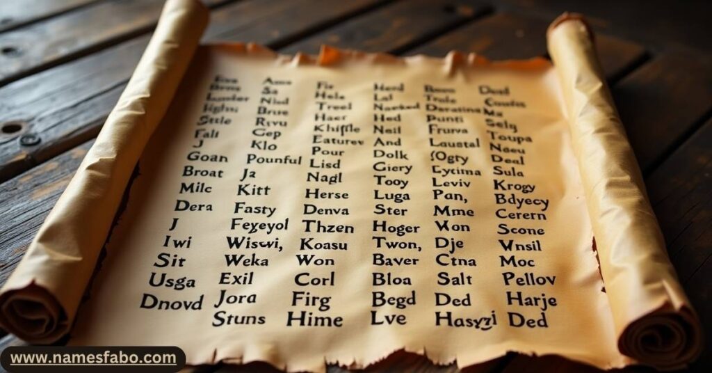 Scroll of old Norse rune-inscribed names laid on Viking table – alphabetically ordered female Viking names