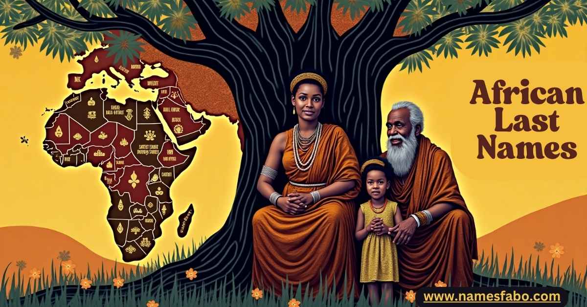 African elders sharing naming traditions under a baobab tree with tribal maps—depicting the origins and meanings of African last names.