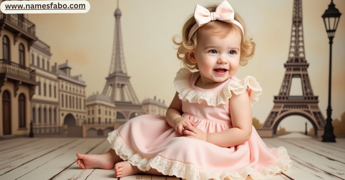Smiling baby girl with a French-inspired name in a charming Parisian setting
